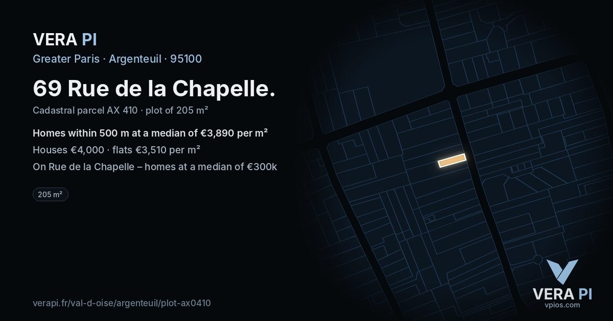69 Rue de la Chapelle, Argenteuil at night – the plot lit, the parcels around coloured by the prices near them