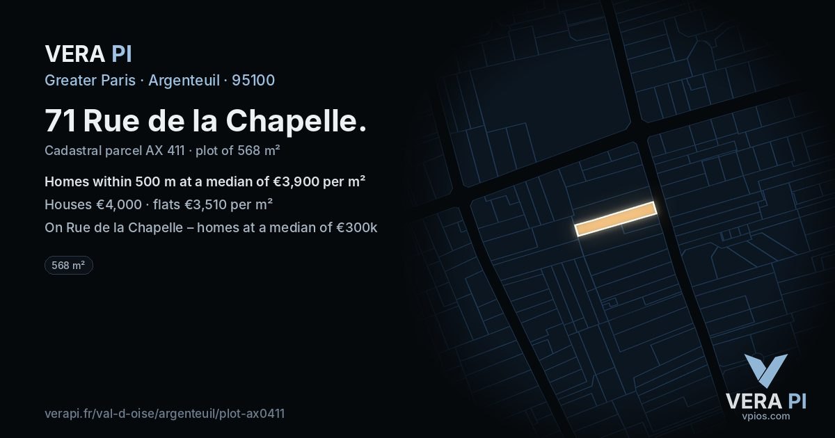71 Rue de la Chapelle, Argenteuil at night – the plot lit, the parcels around coloured by the prices near them
