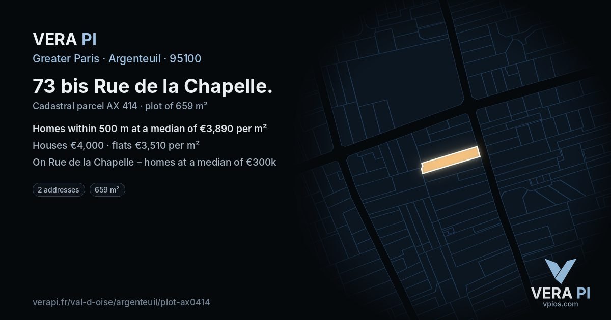 73 bis Rue de la Chapelle, Argenteuil at night – the plot lit, the parcels around coloured by the prices near them