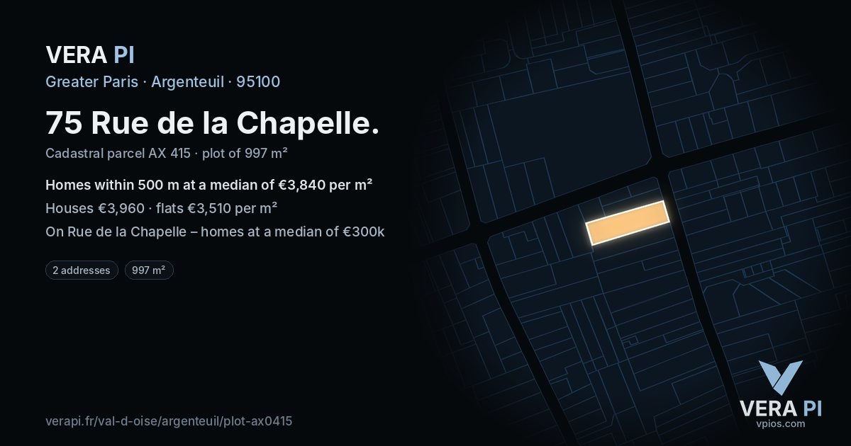 75 Rue de la Chapelle, Argenteuil at night – the plot lit, the parcels around coloured by the prices near them
