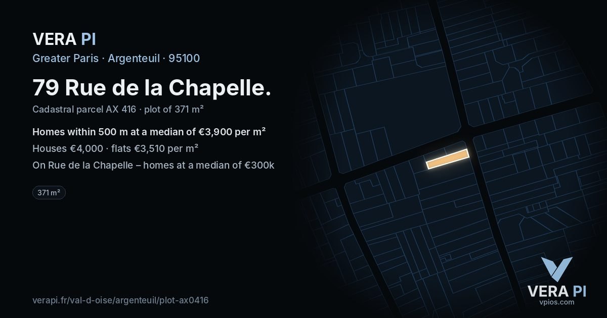 79 Rue de la Chapelle, Argenteuil at night – the plot lit, the parcels around coloured by the prices near them