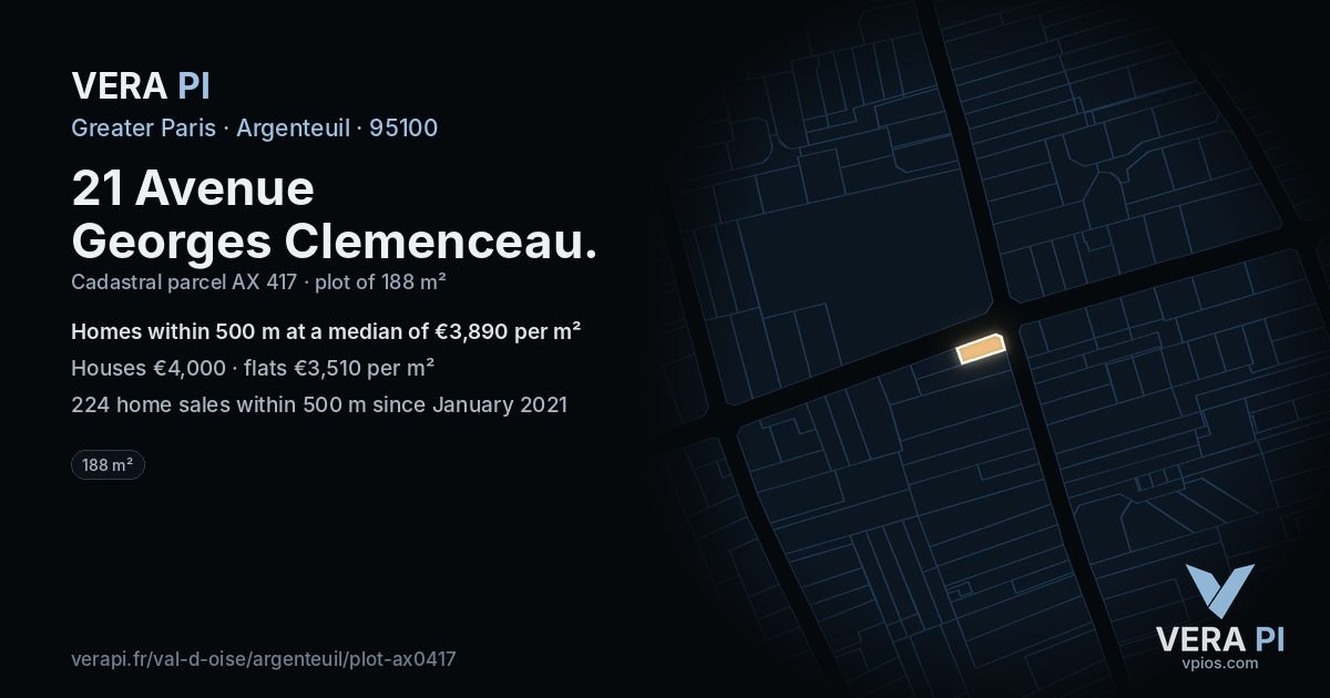 21 Avenue Georges Clemenceau, Argenteuil at night – the plot lit, the parcels around coloured by the prices near them