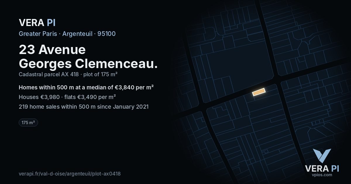 23 Avenue Georges Clemenceau, Argenteuil at night – the plot lit, the parcels around coloured by the prices near them