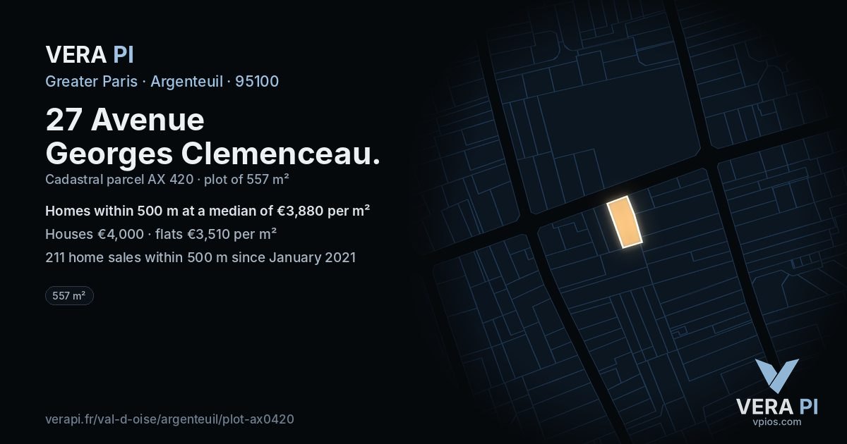 27 Avenue Georges Clemenceau, Argenteuil at night – the plot lit, the parcels around coloured by the prices near them