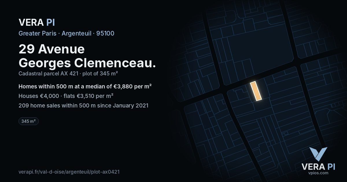 29 Avenue Georges Clemenceau, Argenteuil at night – the plot lit, the parcels around coloured by the prices near them