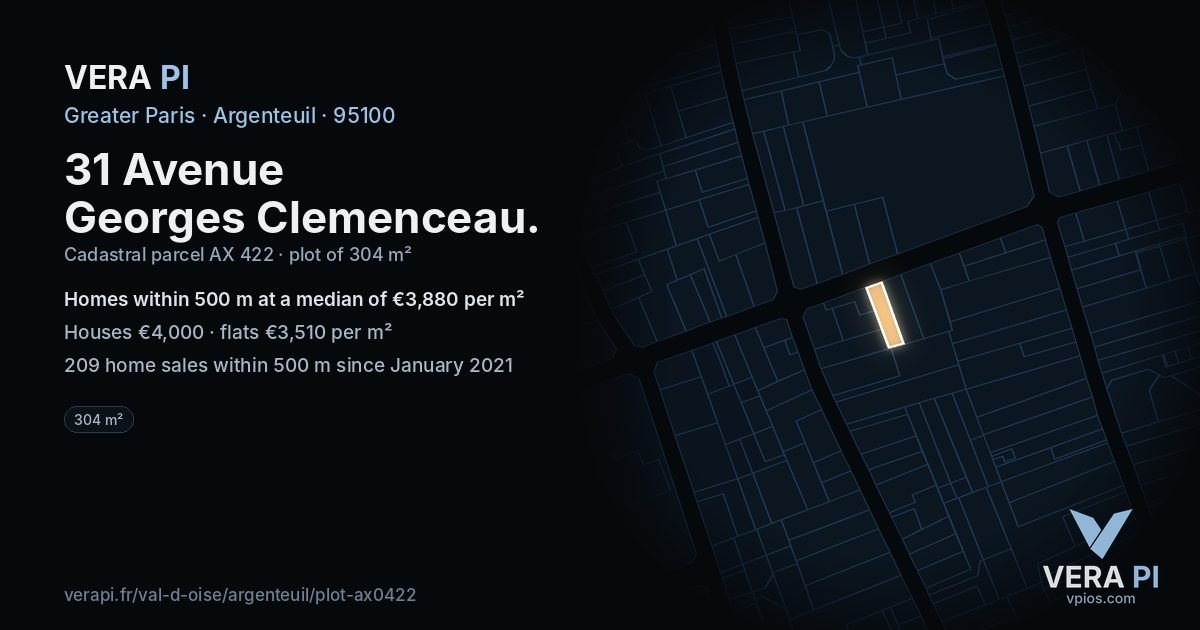 31 Avenue Georges Clemenceau, Argenteuil at night – the plot lit, the parcels around coloured by the prices near them
