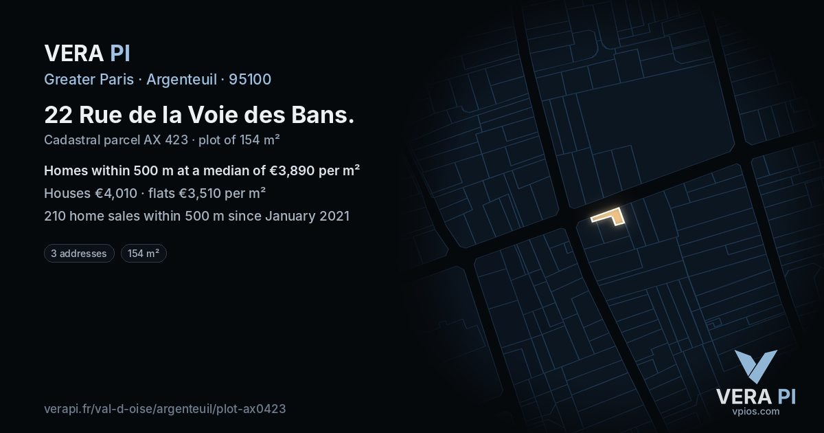 22 Rue de la Voie des Bans, Argenteuil at night – the plot lit, the parcels around coloured by the prices near them