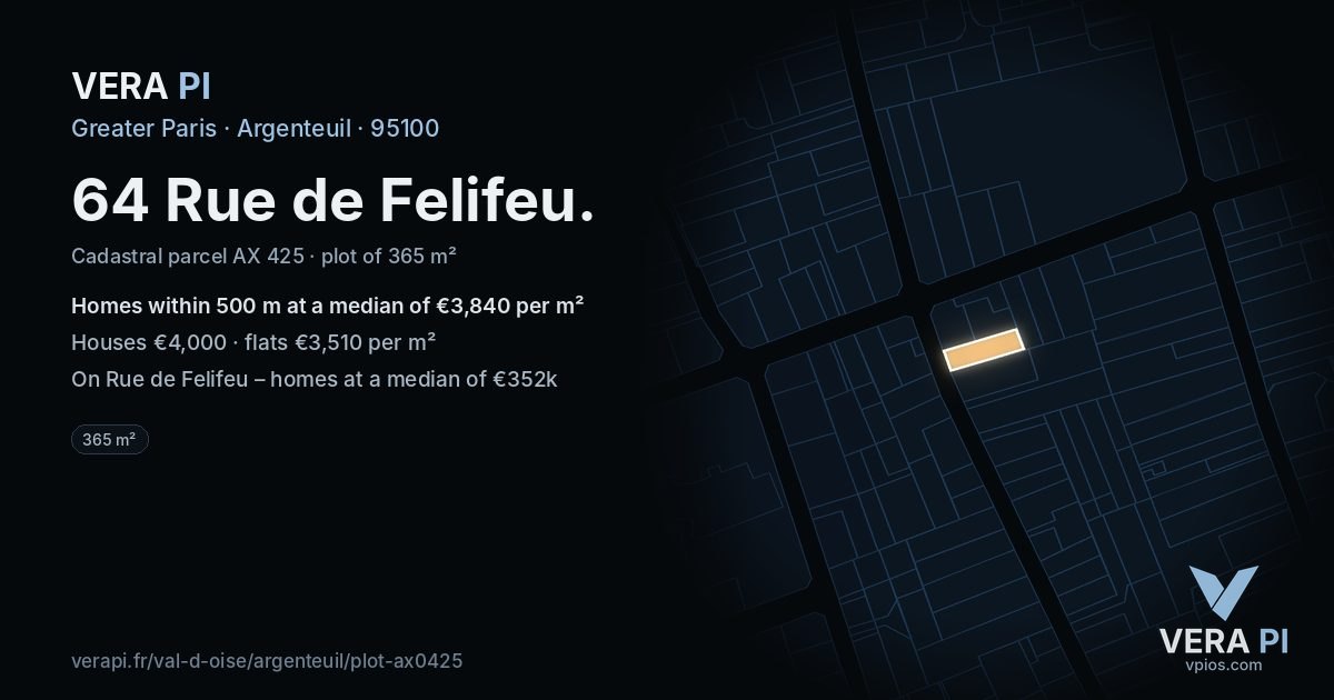 64 Rue de Felifeu, Argenteuil at night – the plot lit, the parcels around coloured by the prices near them