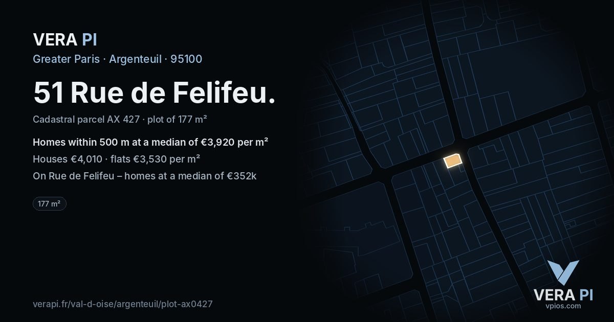 51 Rue de Felifeu, Argenteuil at night – the plot lit, the parcels around coloured by the prices near them