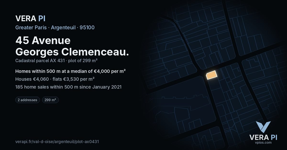 45 Avenue Georges Clemenceau, Argenteuil at night – the plot lit, the parcels around coloured by the prices near them