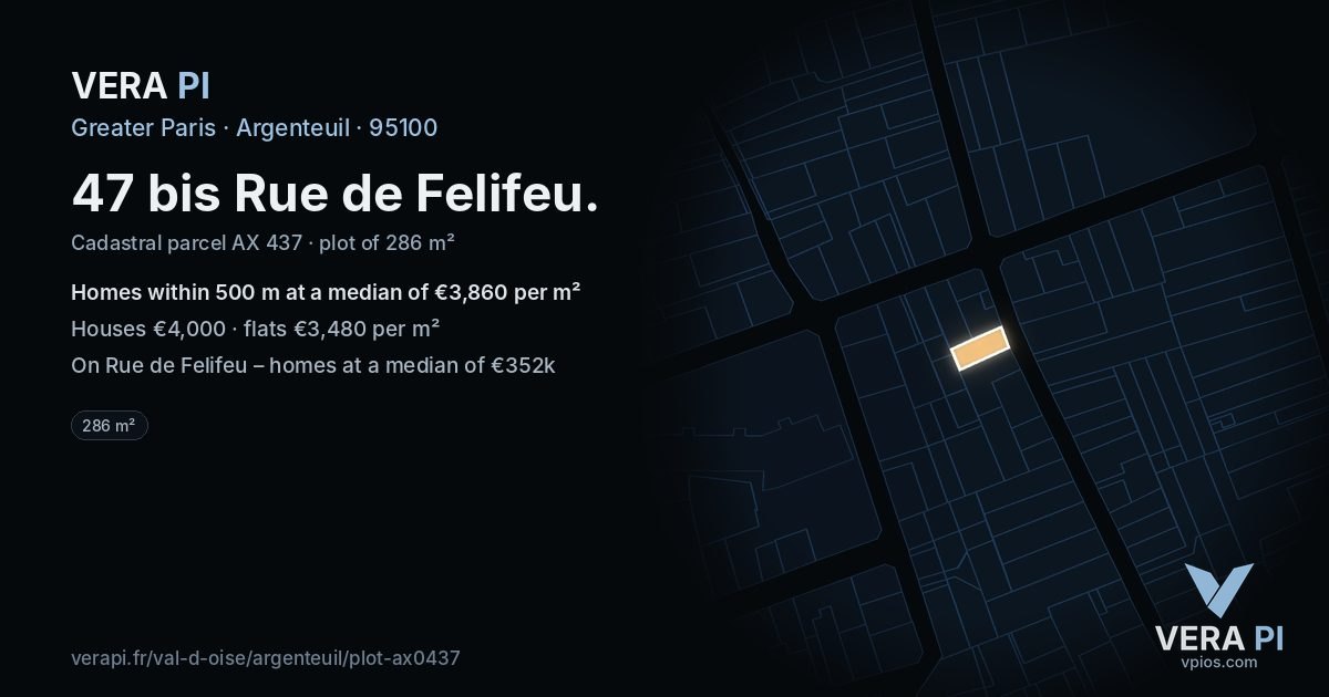 47 bis Rue de Felifeu, Argenteuil at night – the plot lit, the parcels around coloured by the prices near them
