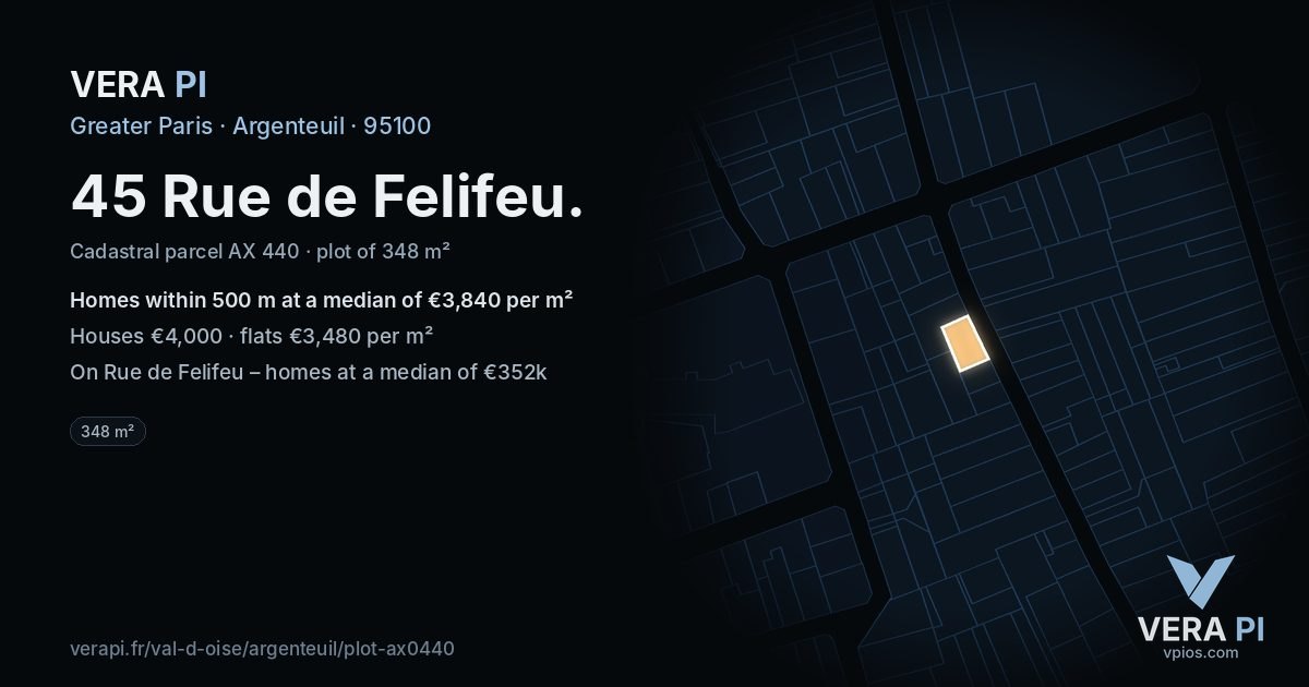 45 Rue de Felifeu, Argenteuil at night – the plot lit, the parcels around coloured by the prices near them