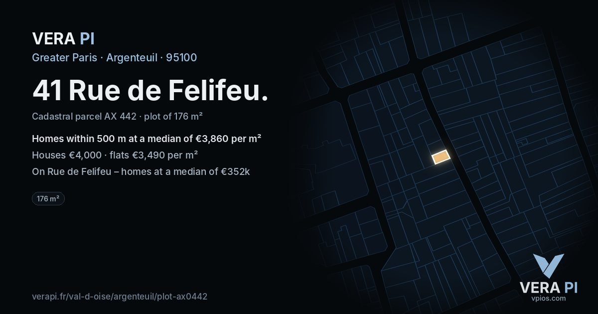 41 Rue de Felifeu, Argenteuil at night – the plot lit, the parcels around coloured by the prices near them