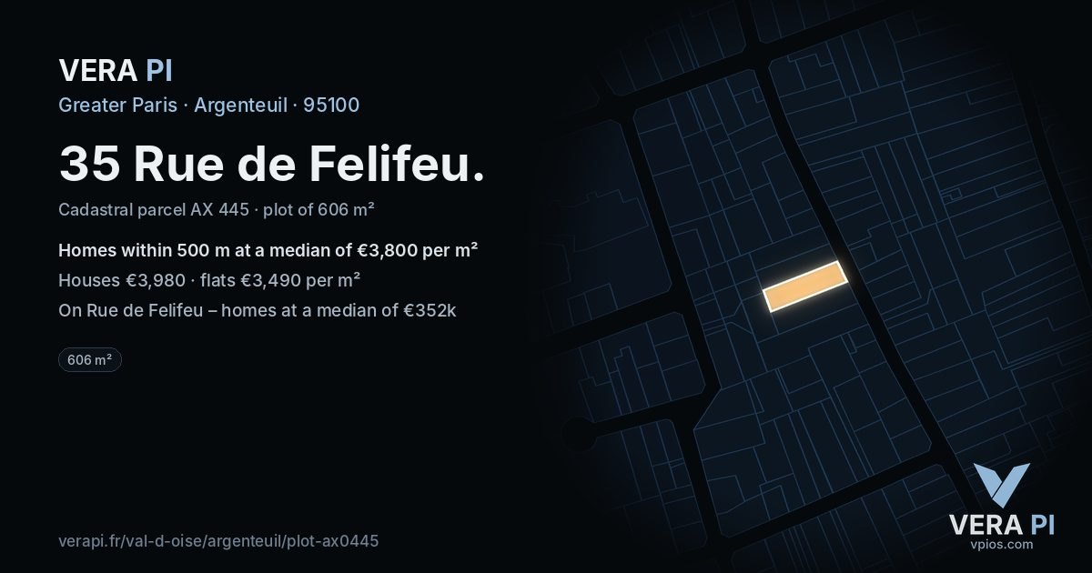 35 Rue de Felifeu, Argenteuil at night – the plot lit, the parcels around coloured by the prices near them