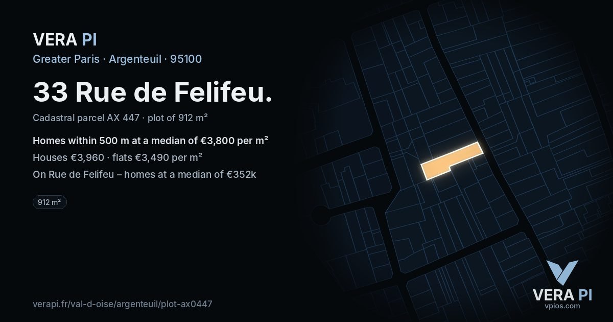 33 Rue de Felifeu, Argenteuil at night – the plot lit, the parcels around coloured by the prices near them
