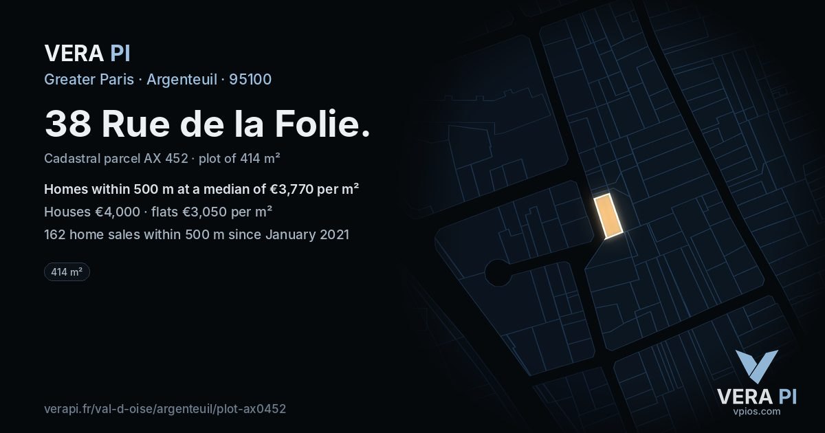 38 Rue de la Folie, Argenteuil at night – the plot lit, the parcels around coloured by the prices near them
