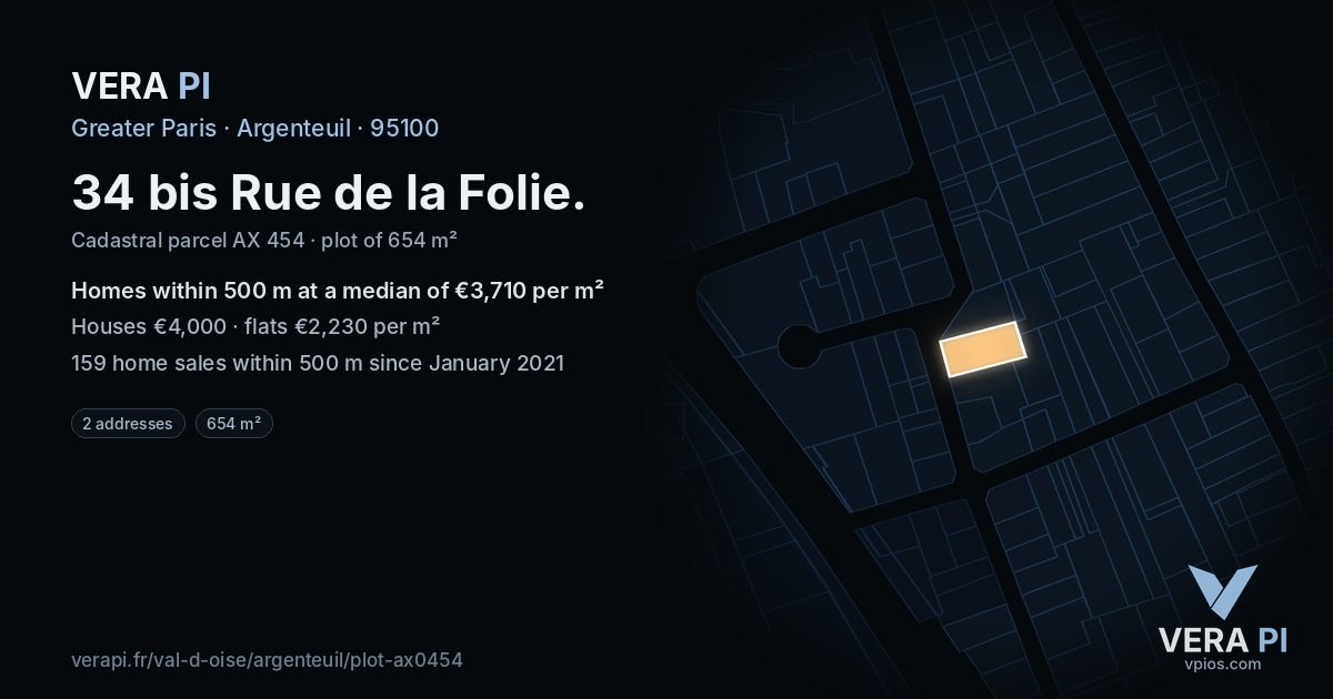 34 bis Rue de la Folie, Argenteuil at night – the plot lit, the parcels around coloured by the prices near them