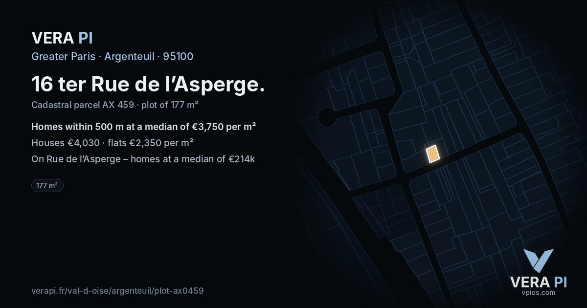 16 ter Rue de l’Asperge, Argenteuil at night – the plot lit, the parcels around coloured by the prices near them