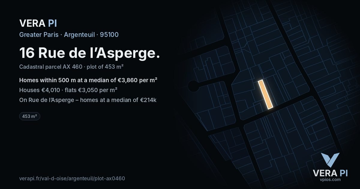 16 Rue de l’Asperge, Argenteuil at night – the plot lit, the parcels around coloured by the prices near them