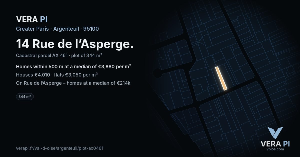 14 Rue de l’Asperge, Argenteuil at night – the plot lit, the parcels around coloured by the prices near them