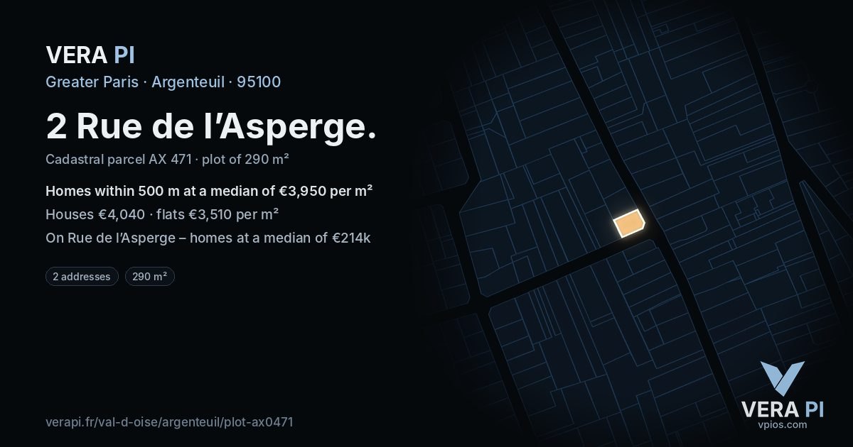 2 Rue de l’Asperge, Argenteuil at night – the plot lit, the parcels around coloured by the prices near them