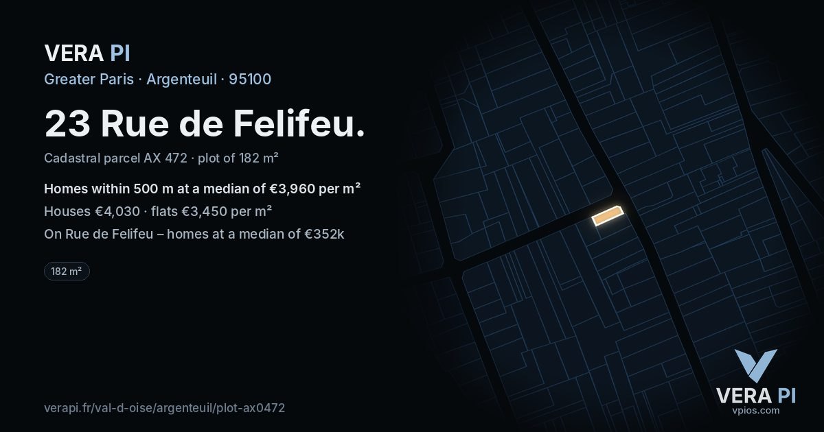 23 Rue de Felifeu, Argenteuil at night – the plot lit, the parcels around coloured by the prices near them