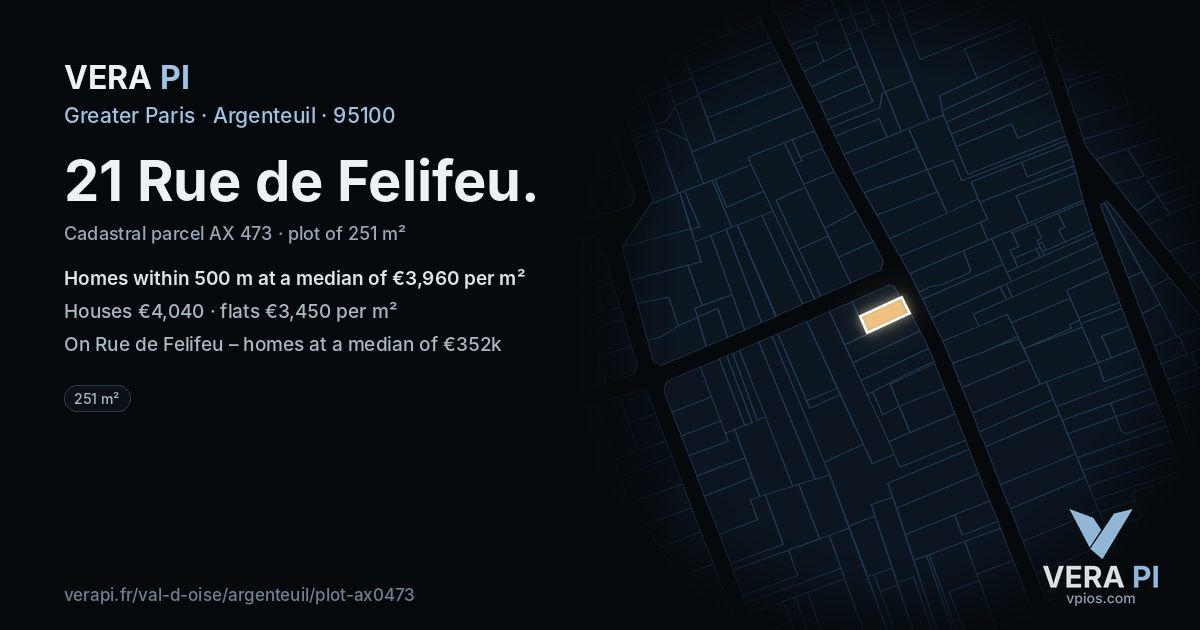 21 Rue de Felifeu, Argenteuil at night – the plot lit, the parcels around coloured by the prices near them
