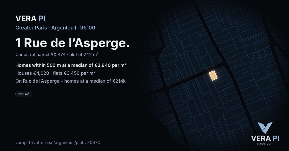 1 Rue de l’Asperge, Argenteuil at night – the plot lit, the parcels around coloured by the prices near them