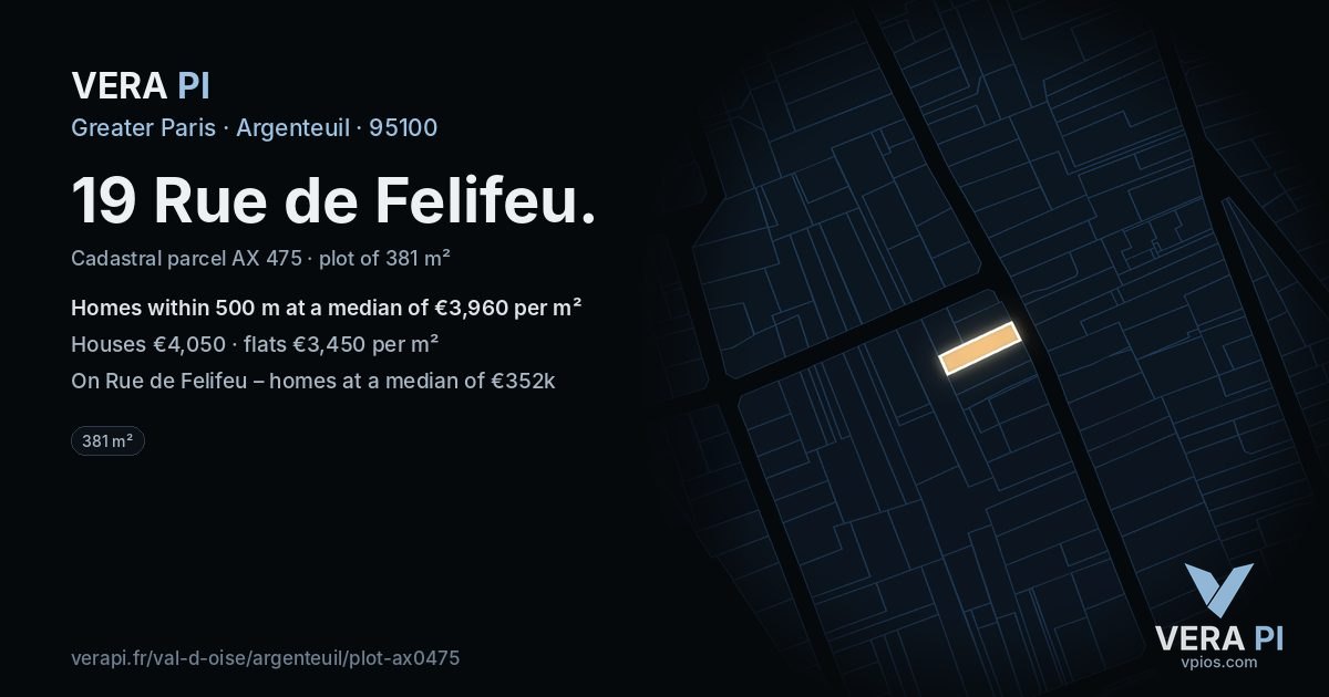 19 Rue de Felifeu, Argenteuil at night – the plot lit, the parcels around coloured by the prices near them