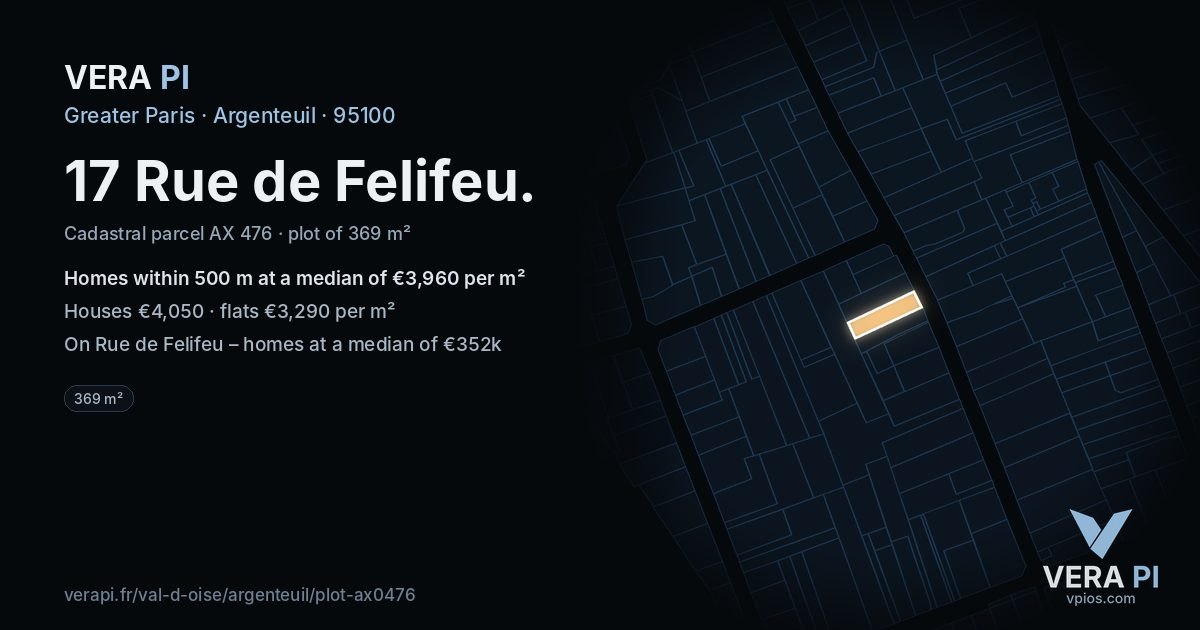 17 Rue de Felifeu, Argenteuil at night – the plot lit, the parcels around coloured by the prices near them