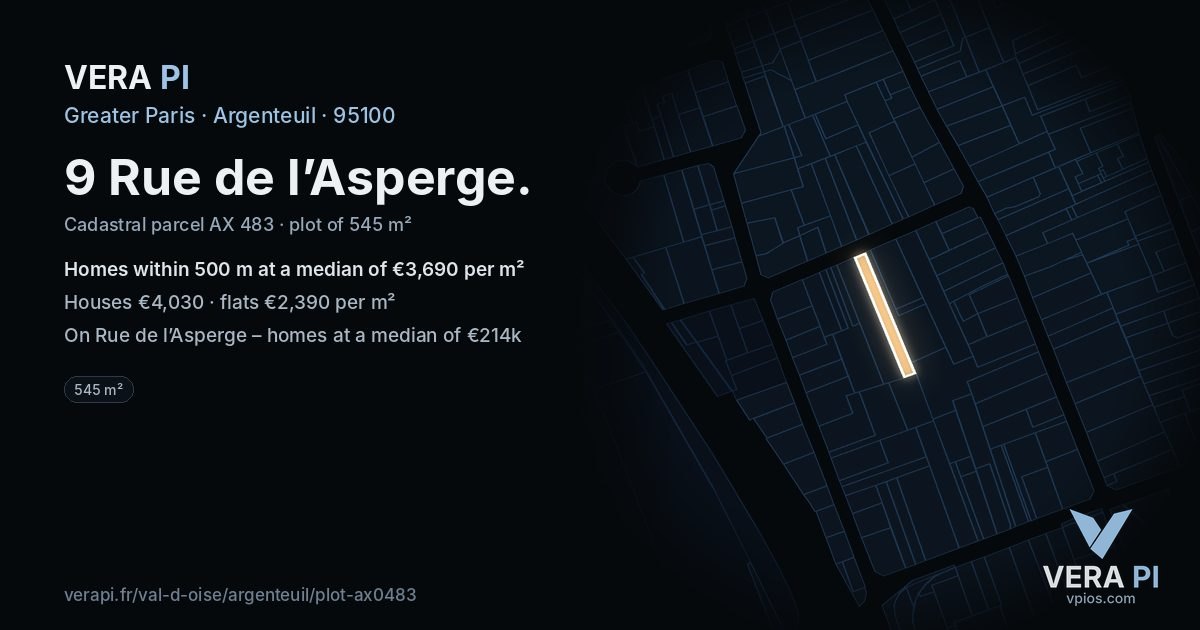 9 Rue de l’Asperge, Argenteuil at night – the plot lit, the parcels around coloured by the prices near them
