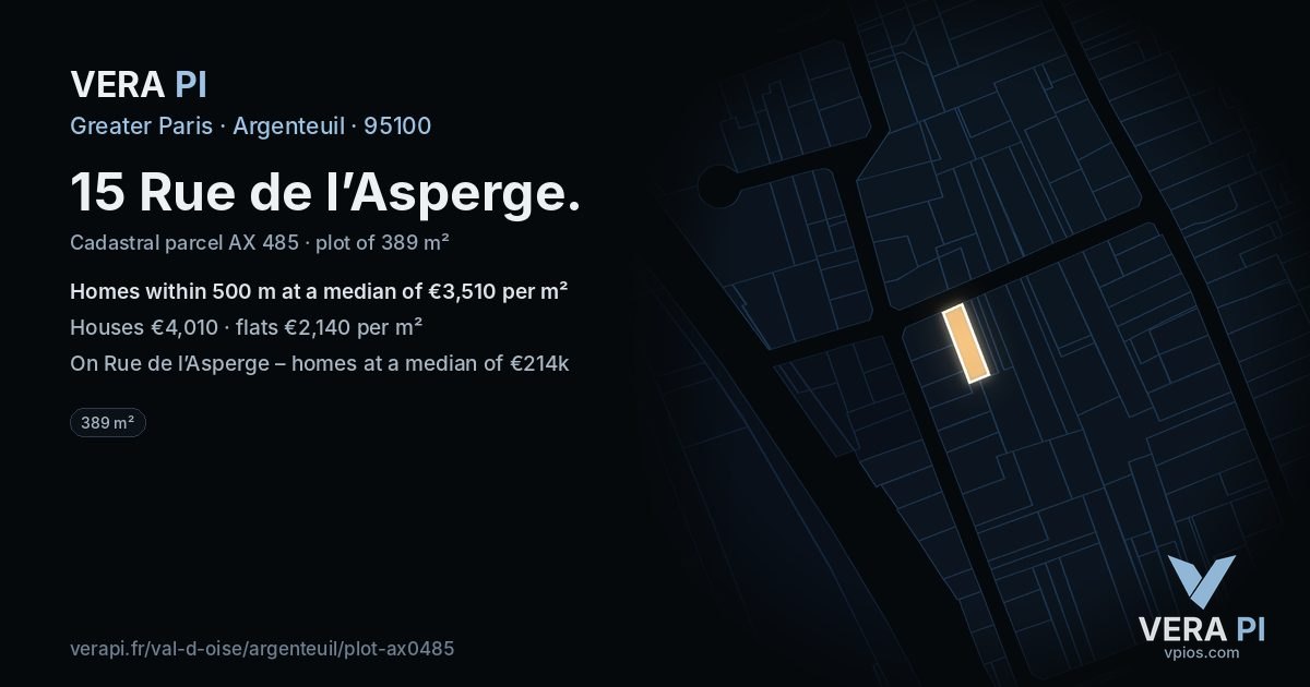 15 Rue de l’Asperge, Argenteuil at night – the plot lit, the parcels around coloured by the prices near them