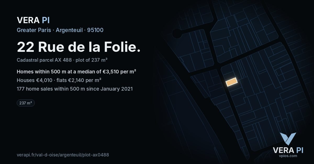 22 Rue de la Folie, Argenteuil at night – the plot lit, the parcels around coloured by the prices near them