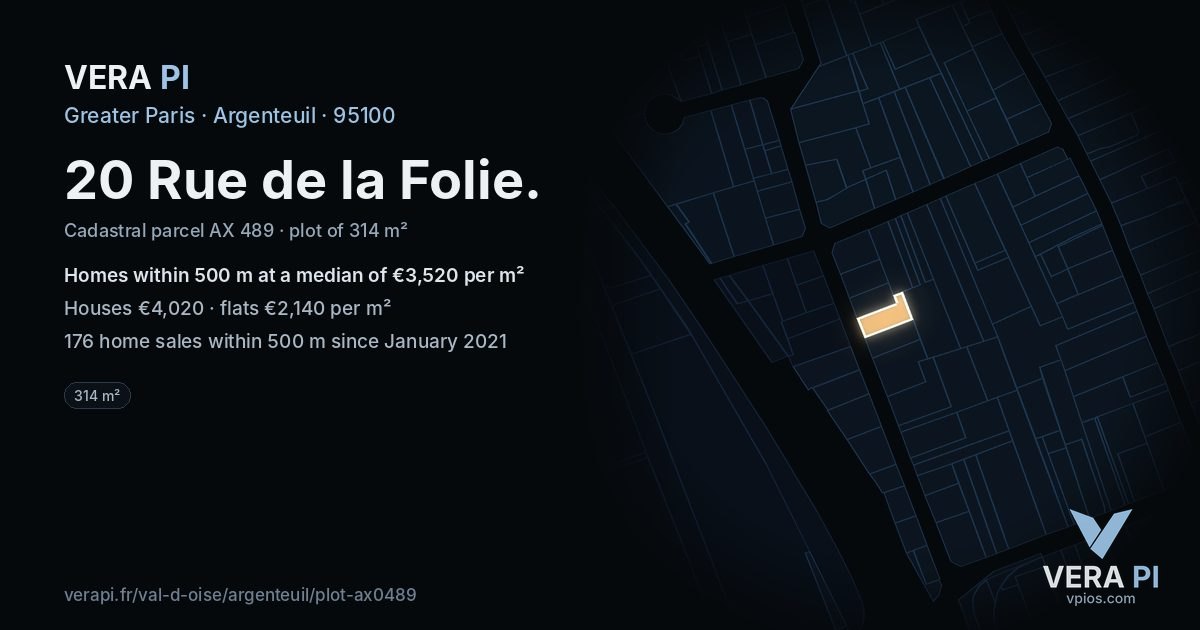 20 Rue de la Folie, Argenteuil at night – the plot lit, the parcels around coloured by the prices near them