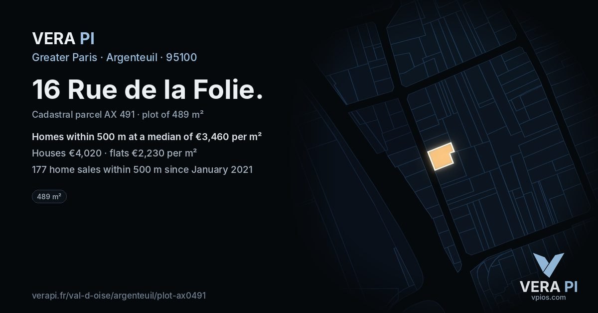 16 Rue de la Folie, Argenteuil at night – the plot lit, the parcels around coloured by the prices near them