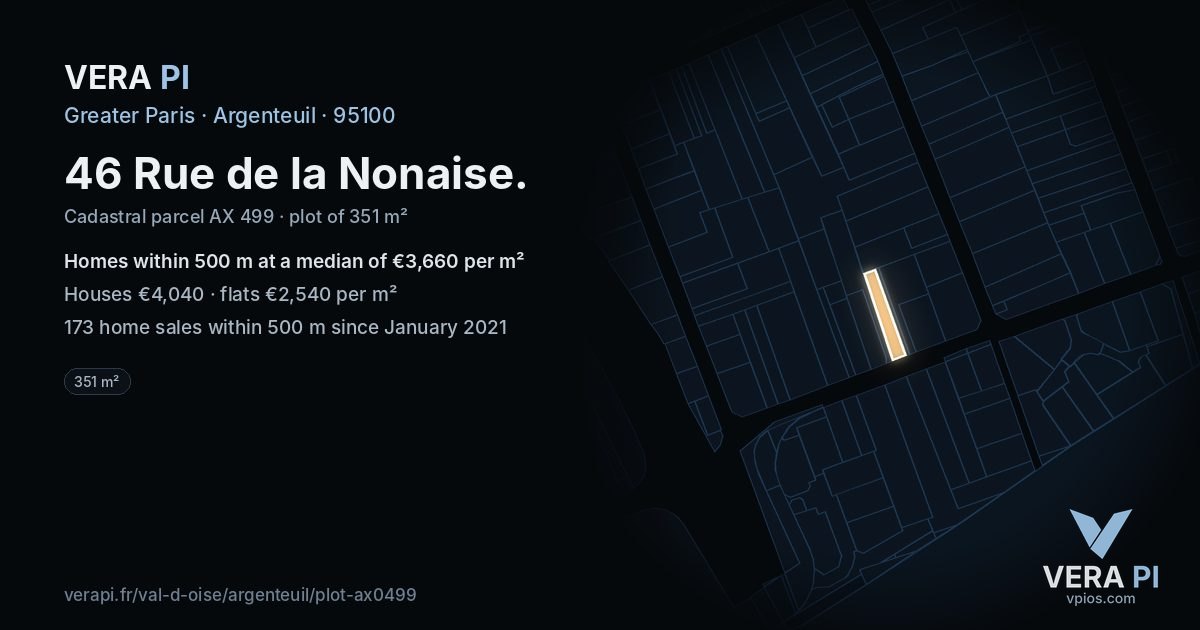 46 Rue de la Nonaise, Argenteuil at night – the plot lit, the parcels around coloured by the prices near them