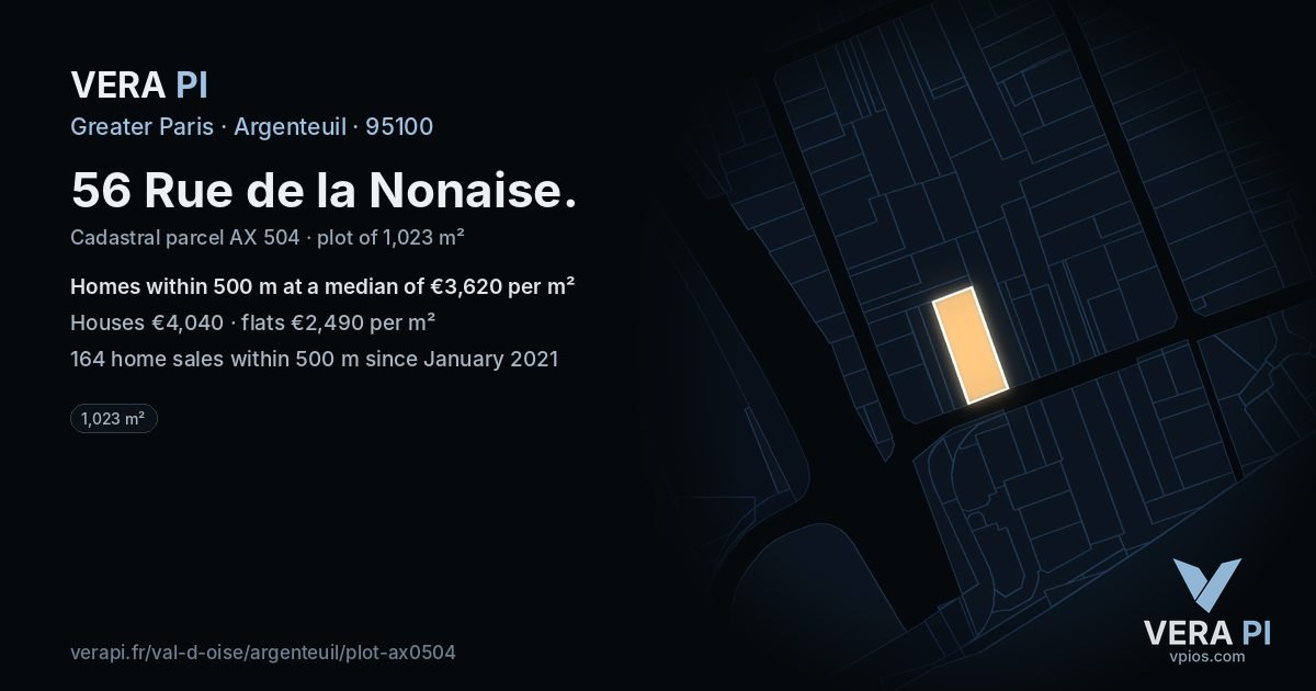 56 Rue de la Nonaise, Argenteuil at night – the plot lit, the parcels around coloured by the prices near them