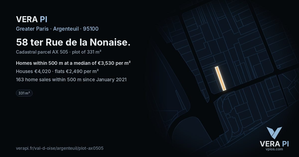 58 ter Rue de la Nonaise, Argenteuil at night – the plot lit, the parcels around coloured by the prices near them