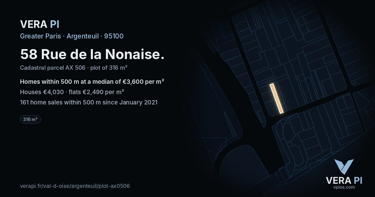 58 Rue de la Nonaise, Argenteuil at night – the plot lit, the parcels around coloured by the prices near them
