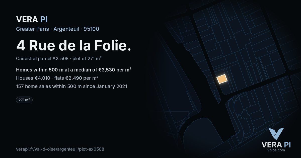 4 Rue de la Folie, Argenteuil at night – the plot lit, the parcels around coloured by the prices near them
