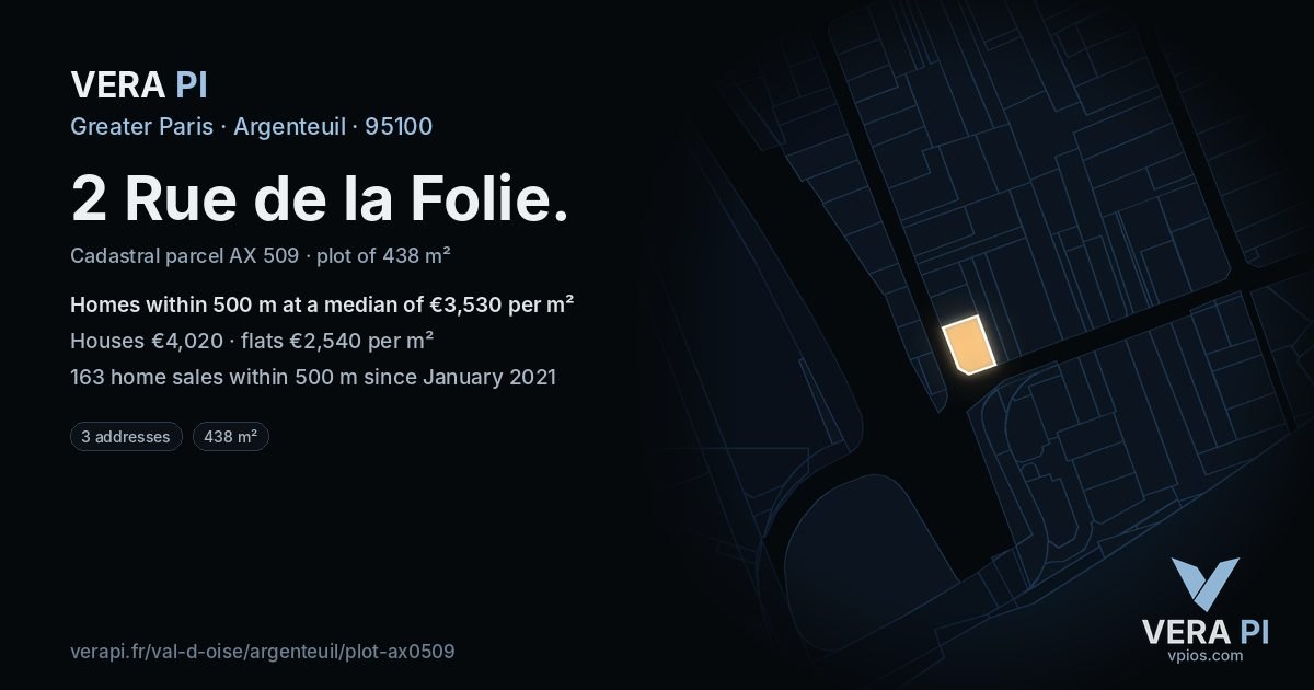 2 Rue de la Folie, Argenteuil at night – the plot lit, the parcels around coloured by the prices near them
