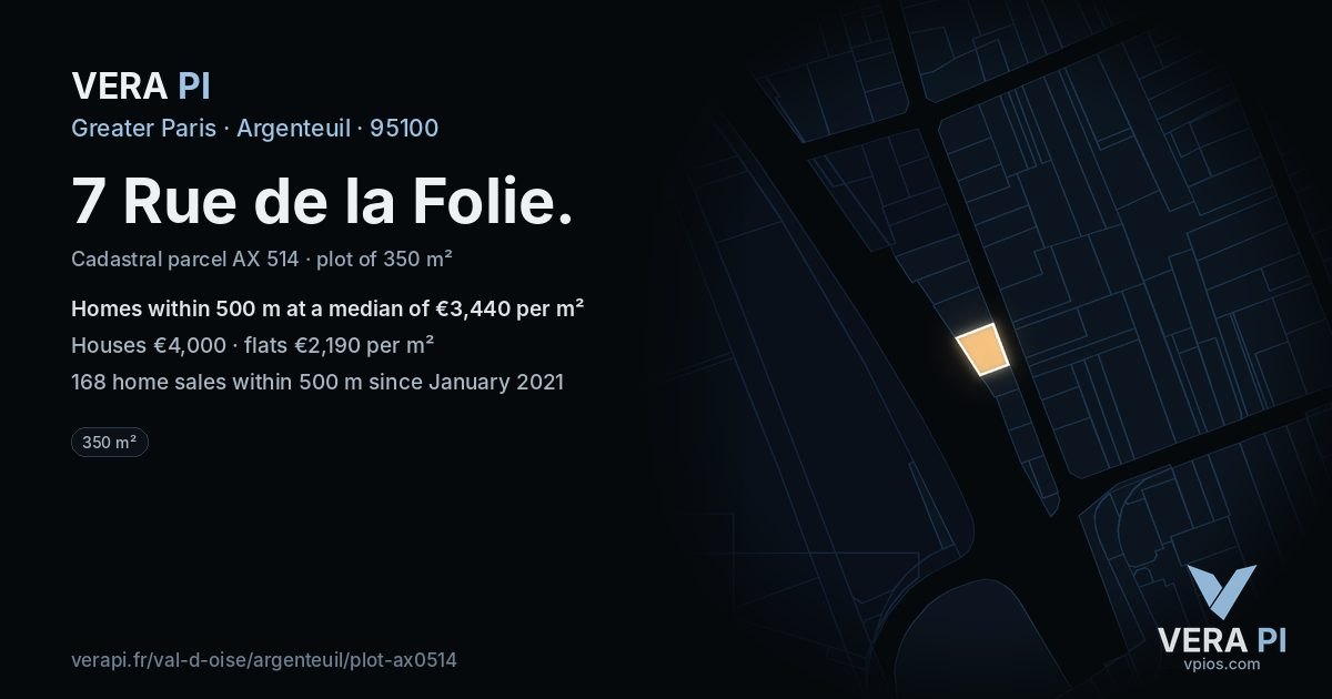 7 Rue de la Folie, Argenteuil at night – the plot lit, the parcels around coloured by the prices near them