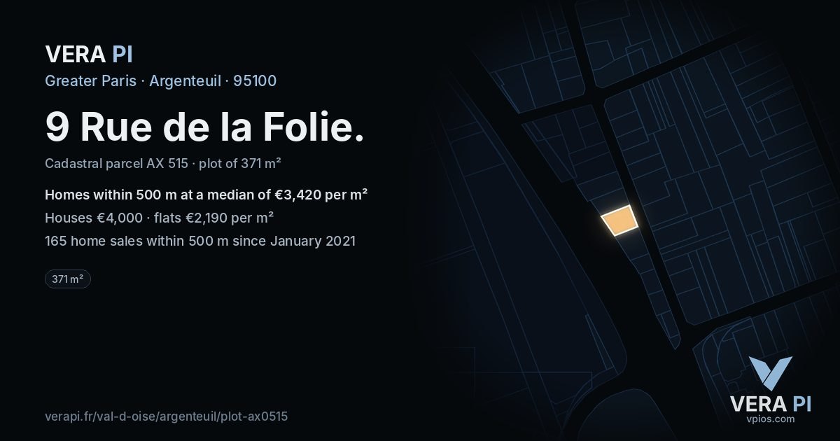 9 Rue de la Folie, Argenteuil at night – the plot lit, the parcels around coloured by the prices near them