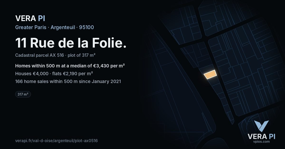 11 Rue de la Folie, Argenteuil at night – the plot lit, the parcels around coloured by the prices near them
