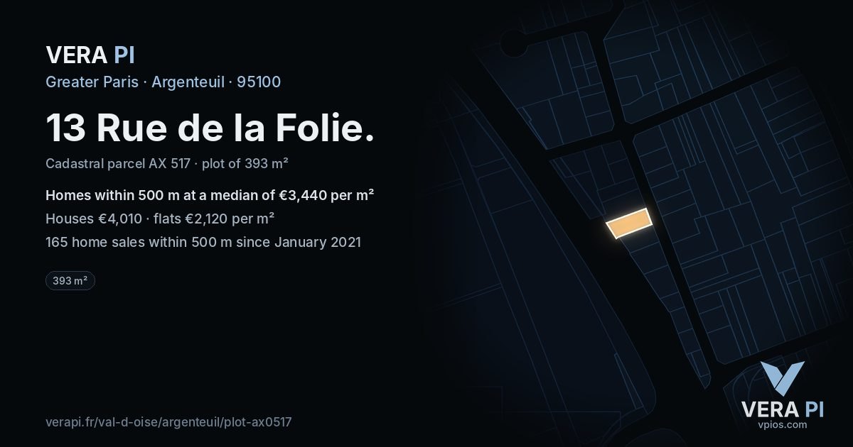 13 Rue de la Folie, Argenteuil at night – the plot lit, the parcels around coloured by the prices near them