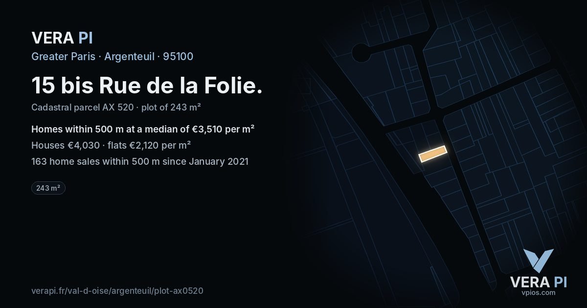 15 bis Rue de la Folie, Argenteuil at night – the plot lit, the parcels around coloured by the prices near them