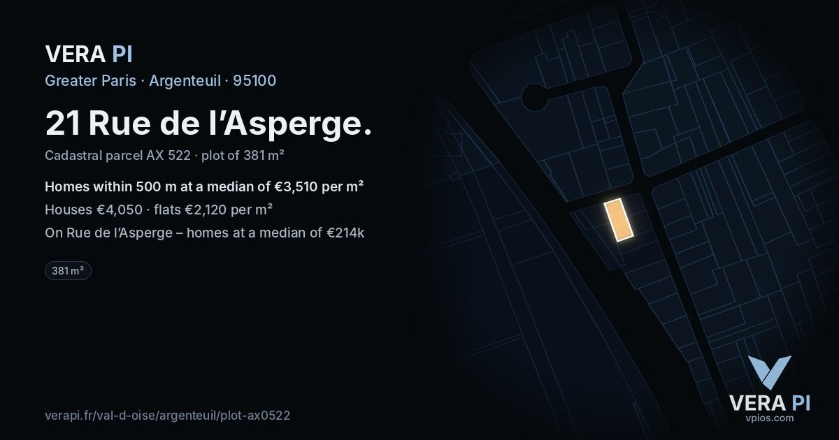 21 Rue de l’Asperge, Argenteuil at night – the plot lit, the parcels around coloured by the prices near them