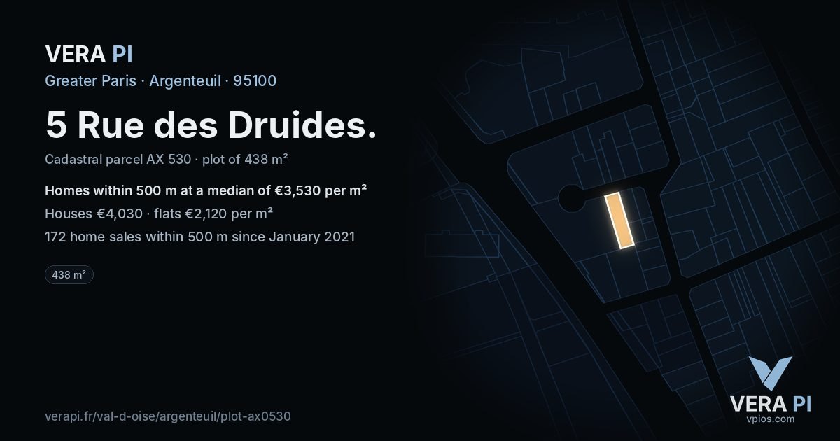 5 Rue des Druides, Argenteuil at night – the plot lit, the parcels around coloured by the prices near them