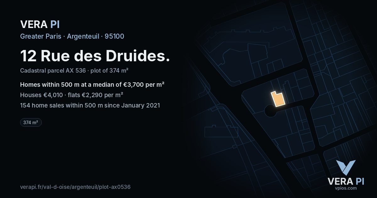 12 Rue des Druides, Argenteuil at night – the plot lit, the parcels around coloured by the prices near them