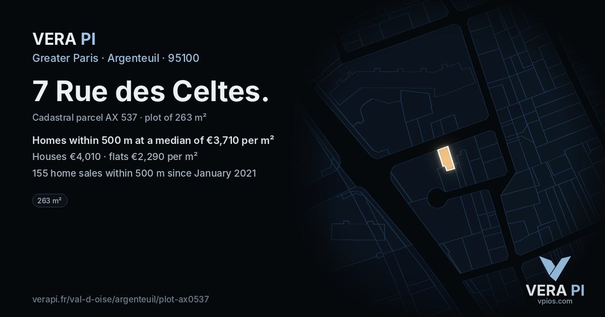 7 Rue des Celtes, Argenteuil at night – the plot lit, the parcels around coloured by the prices near them